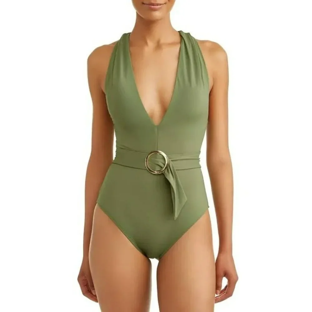 Women's Solid Deep V One Piece Swimsuit Bay Leaf SIZE Medium